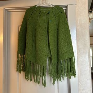 Poncho Vintage Handmade Crochet Green Button Up Blanket Poncho